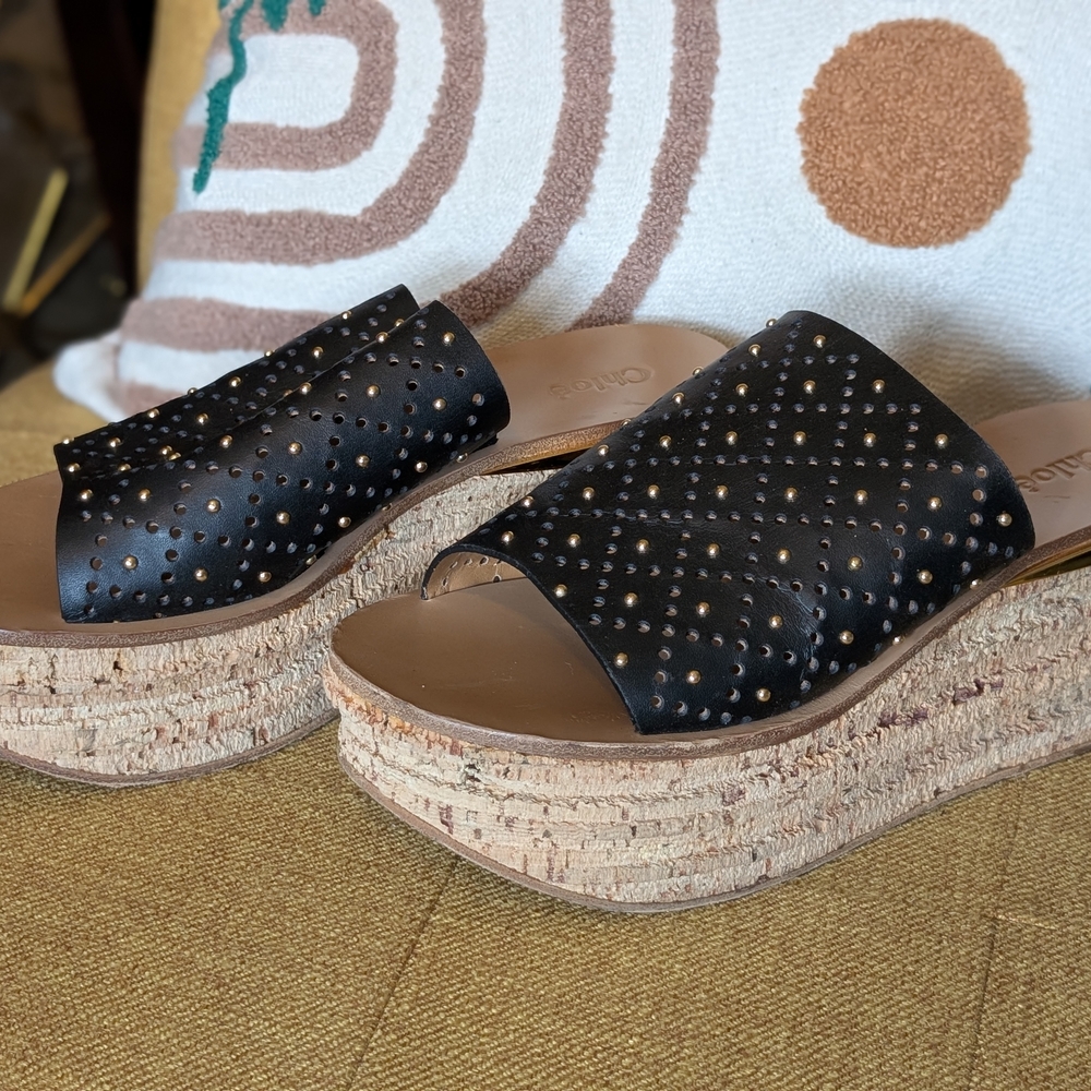 Chloe Black Studded Leather and Tan Platform Shoes with Cork Sole